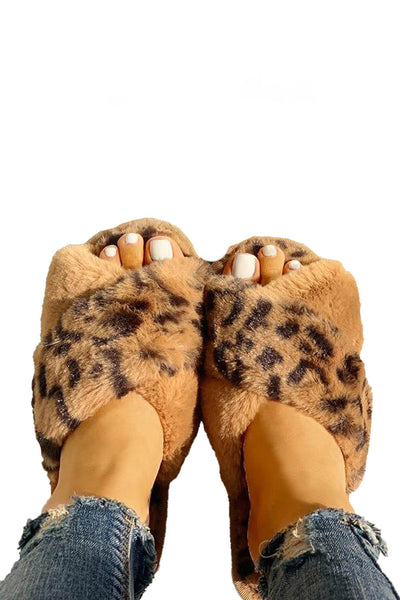 Fluffy Leopard Crisscross Peep Toe Slippers - tuttostyle4u