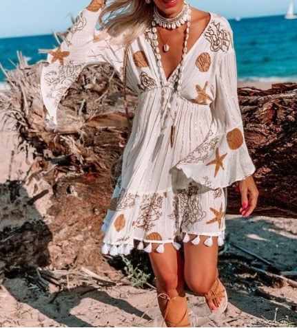 Women starfish flower print long sleeve v-neck beach Bohemian dress tassel - tuttostyle4u