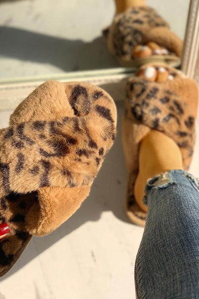 Fluffy Leopard Crisscross Peep Toe Slippers - tuttostyle4u