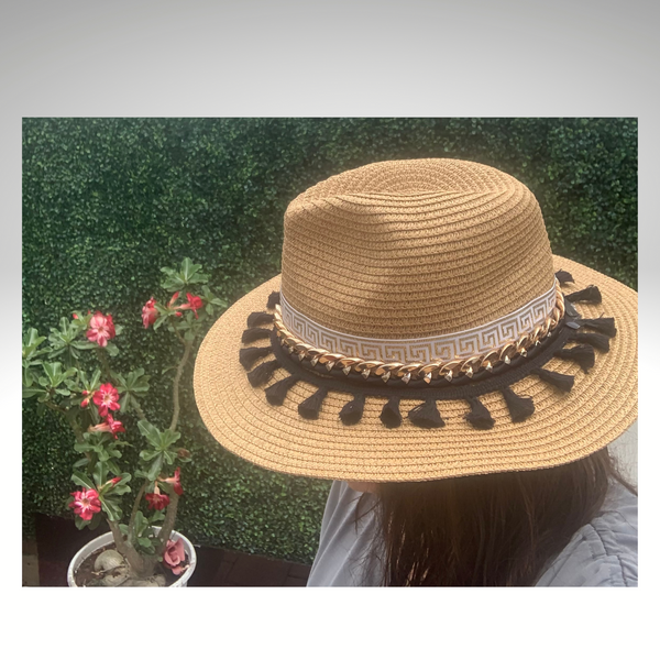 Santorini Straw Hat Handmade with tassels black - tuttostyle4u