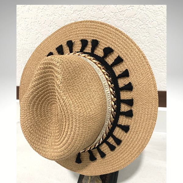 Santorini Straw Hat Handmade with tassels black - tuttostyle4u