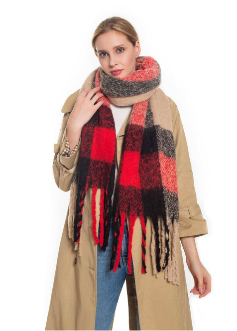 Soft Wide Plaid Accent Scarf Tan / Red - tuttostyle4u