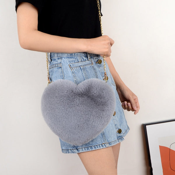 Cellphone Purse Plush Heart Shaped Crossbody Bag with Chain Cute Fluffy Shoulder Bag for Women - tuttostyle4u