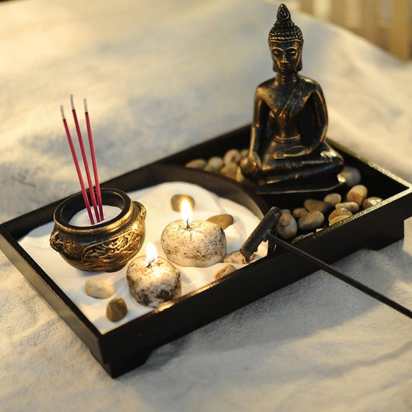 Buddha Statue Zen Garden Sand Meditation Peaceful Relax  Tray Kit  Incense Burner - tuttostyle4u
