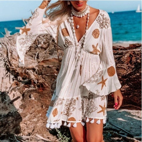 Women starfish flower print long sleeve v-neck beach Bohemian dress tassel - tuttostyle4u