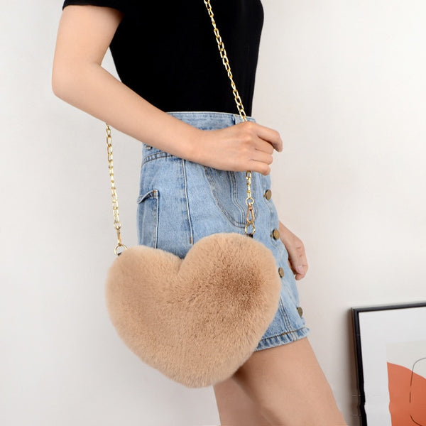 Cellphone Purse Plush Heart Shaped Crossbody Bag with Chain Cute Fluffy Shoulder Bag for Women - tuttostyle4u