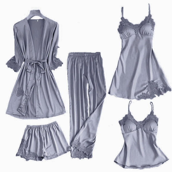 Women's Silk Satin Pajama Set Cami Top Nightgown Lace Night Robe Sexy Sleepwear Robe Sets Nightdresstin Lace 5pcs Pajamas Set - tuttostyle4u