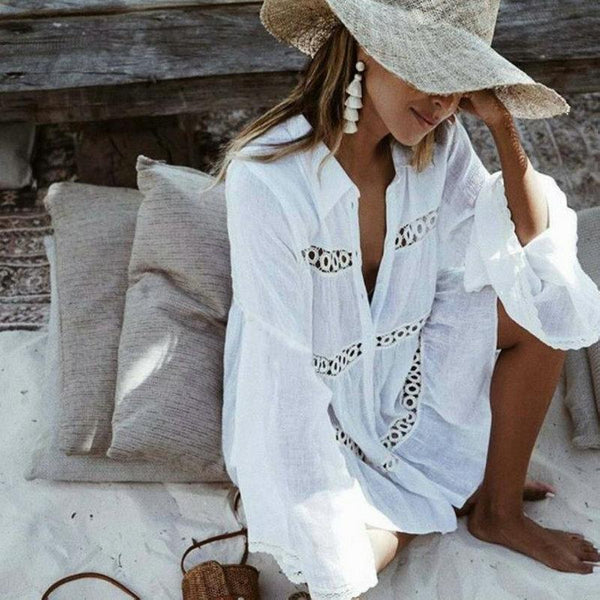 Elegant White Crochet Swimsuit Beach Dress Ladies Cover-Up - tuttostyle4u