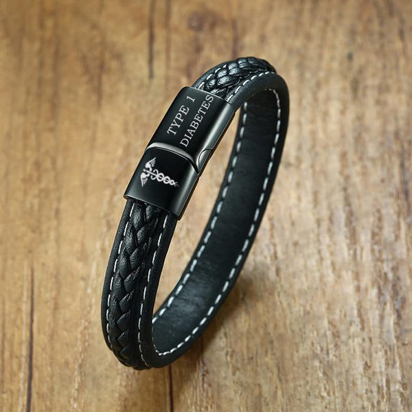Leather TYPE 1  DIABETES Medical Alert Bracelet Black - tuttostyle4u