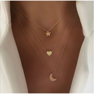 Multilayer Layered Necklace Gold Plated Star, Heart and  Moon - tuttostyle4u