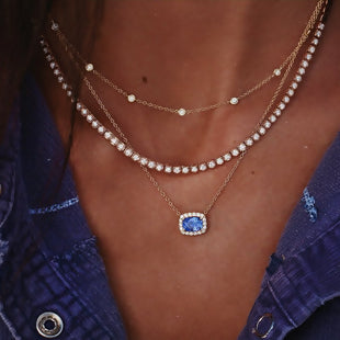 Multilayer Layered Necklace Gold Plated Blue Rectangle Clear Rhinestone - tuttostyle4u
