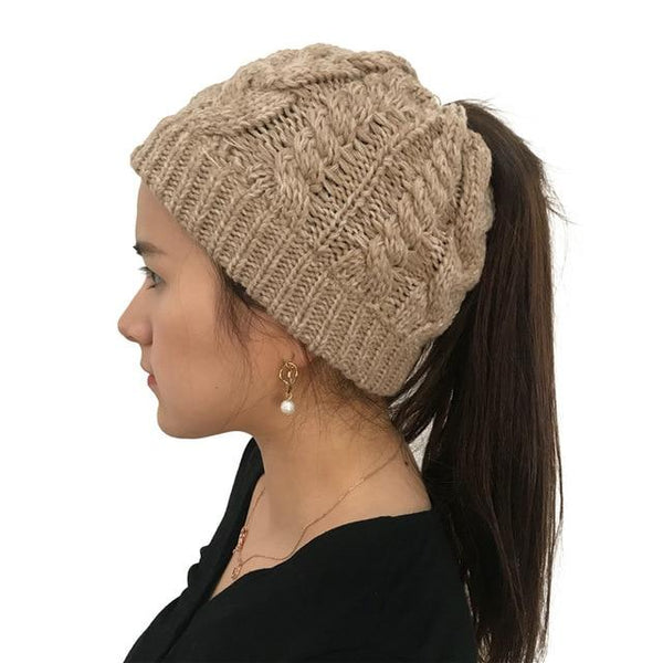 Ponytail Beanie Hat Woolen Stretch Crochet - tuttostyle4u