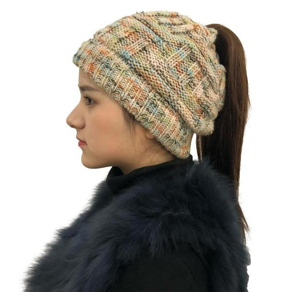 Ponytail Beanie Hat Woolen Stretch Crochet - tuttostyle4u