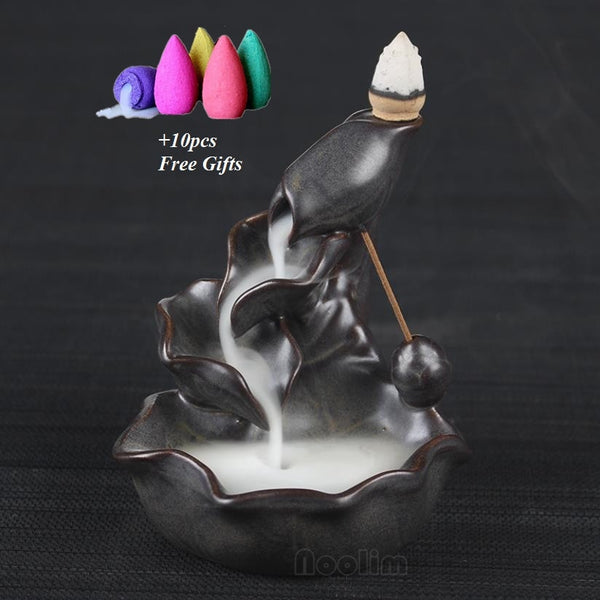 Lotus Fountain Incense Holder Burner Waterfall with 10 Incense Cones - tuttostyle4u