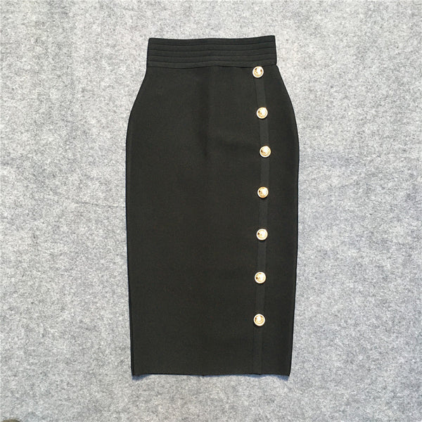 Elegant Pencil Skirt High Waist Elastic Bandage Skirts Button Women Clothes Black - tuttostyle4u