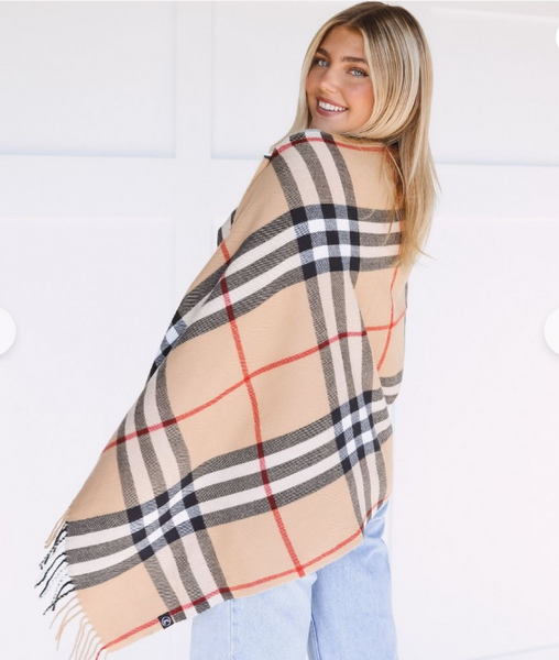 Ruana Plaid Blanket Scarf w/Buttons Women’s Large Shawl or Wrap Beige - tuttostyle4u