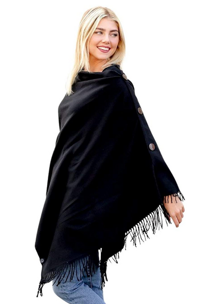 Ruana Blanket Scarf w/Buttons Women’s Large Shawl or Wrap Black - tuttostyle4u