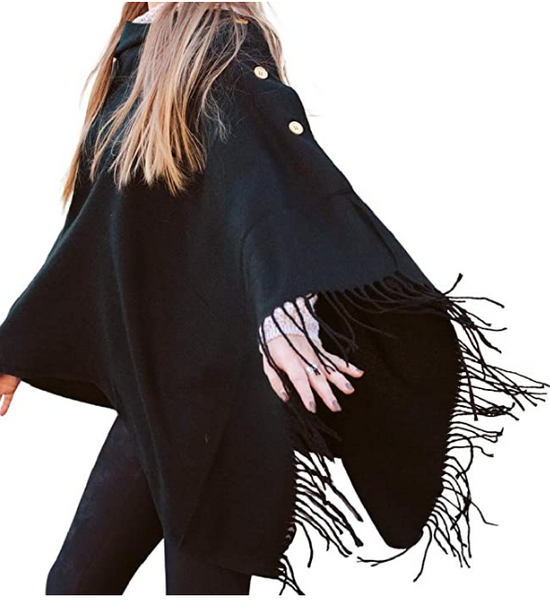 Ruana Blanket Scarf w/Buttons Women’s Large Shawl or Wrap Black - tuttostyle4u