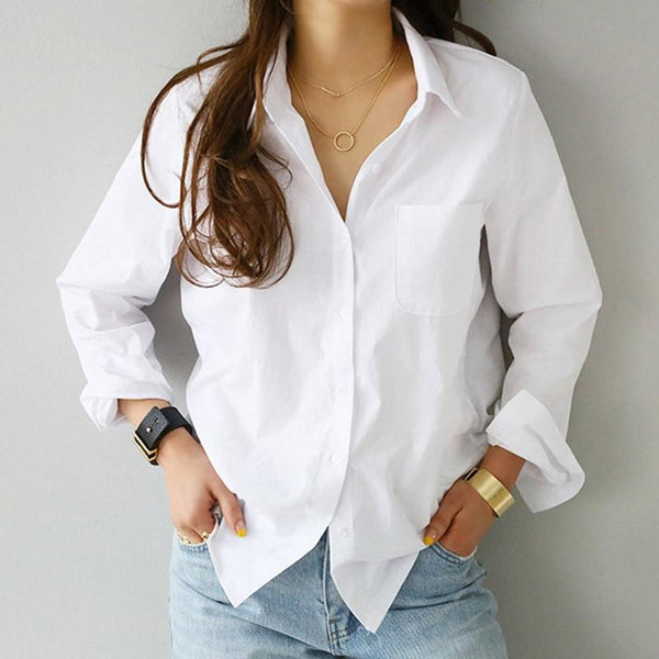 Simple Casual White Shirt Long Sleeve  One Pocket Women - tuttostyle4u