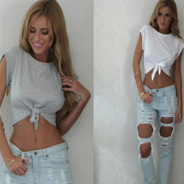 Women Knotted Tie Front Crop Tops Cropped T Shirt - tuttostyle4u