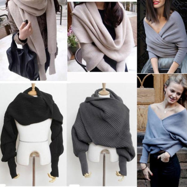 Women solid color Knitted Sweater Tops Scarf with Sleeve Wrap Winter Warm - tuttostyle4u