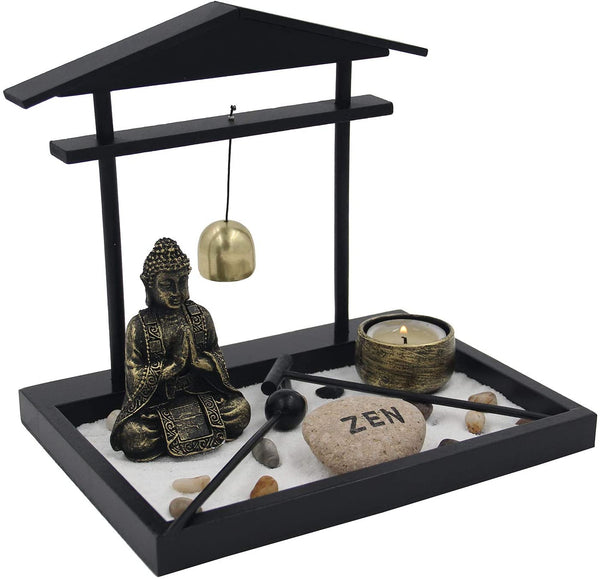 Zen Rock Garden Meditating Statue Bell Rake Sand Candle Burner Tray - tuttostyle4u